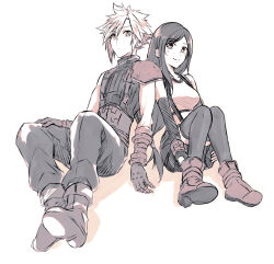 Rule 34 | 1boy, 1girl, armor, baggy pants, bare shoulders, black gloves, black hair, black skirt, black thighhighs, blonde hair, boots, closed mouth, cloud strife, commentary request, crop top, elbow gloves, final fantasy, final fantasy vii, final fantasy vii remake, fingerless gloves, full body, gloves, highres, knees up, leaning on person, light blush, long hair, midriff, mizuamememe, pants, ribbed sweater, short hair, shoulder armor, single bare shoulder, sitting, skirt, sleeveless, sleeveless turtleneck, smile, spiked hair, suspender skirt, suspenders, sweater, swept bangs, tank top, thighhighs, tifa lockhart, turtleneck, turtleneck sweater, white background, white tank top