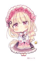 1girl animal bee black_choker black_skirt blonde_hair blush braid bug chibi choker closed_mouth collared_shirt dress_shirt flower frilled_skirt frilled_sleeves frills full_body hair_flower hair_ornament highres insect leaning_to_the_side long_hair long_sleeves maid_headdress oku-chan pink_flower pink_rose pink_shoes red_eyes rose sakura_oriko shirt shoes simple_background single_braid skirt sleeves_past_fingers sleeves_past_wrists solo standing takasaki-sen_meguri translated very_long_hair white_background white_shirt