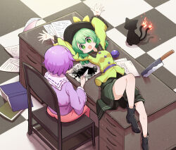 2girls black_cat black_hat book buttons cat chair commentary desk diamond_button eyeball fire frilled_shirt_collar frilled_sleeves frills full_body futa_(nabezoko) green_eyes green_hair green_skirt hairband hat holding holding_quill ink ink_splatter inkwell kaenbyou_rin kaenbyou_rin_(cat) knee_up knife koishi_day komeiji_koishi komeiji_satori long_sleeves looking_at_another lying multiple_girls multiple_tails on_back on_chair on_desk open_book open_mouth outstretched_arms paper pink_skirt prank purple_hair purple_shirt quill ribbon-trimmed_collar ribbon_trim shirt short_hair siblings sisters sitting skirt smile spill tail tareme third_eye touhou two_tails wide_sleeves yellow_shirt