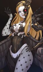 1girl absurdres arm_up black_wings blonde_hair blue_eyes breasts colored_skin commentary_request demon_(megami_tensei) eyeshadow hand_on_own_hip highres large_breasts long_hair makeup naamah_(megami_tensei) purple_eyeshadow red_lips shin_megami_tensei shin_megami_tensei_v shin_megami_tensei_v:_vengeance solo velantart white_skin wings