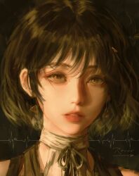 1girl absurdres artist_name black_hair character_name commentary earrings english_commentary female_rover_(wuthering_waves) highres jewelry jvn looking_at_viewer multicolored_hair parted_lips portrait rover_(wuthering_waves) short_hair solo streaked_hair triangle_earrings white_hair wuthering_waves yellow_eyes