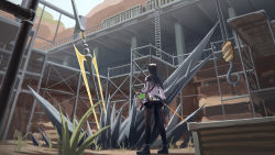 1girl animal_ears arknights arknights:_endfield belt_pouch black_footwear black_gloves black_hair black_pantyhose black_shorts blue_sky commentary_request construction_site crane_(machine) fingerless_gloves from_behind gloves highres holding holding_map holding_sword holding_weapon hook huge_weapon jacket ladder long_hair long_sleeves map originium_(arknights) pantyhose partial_commentary planted planted_spear polearm pouch salt_on_dice scaffolding scenery short_shorts shorts shoulder_strap sky spear sword tail texas_(arknights) weapon weeds white_jacket wide_shot wolf_ears wolf_girl wolf_tail
