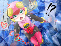 00s 1girl blonde_hair bodysuit capcom covered_erect_nipples female_focus flat_chest green_eyes hacking highres latex leotard mega_man_(series) mega_man_battle_network mega_man_battle_network_(series) mind_control miso_panda roll.exe_(mega_man) solo thighhighs trembling wire