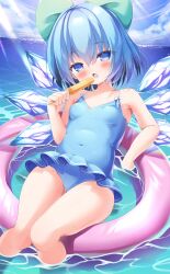 Rule 34 | 1girl, absurdres, blue bow, blue eyes, blue hair, blue one-piece swimsuit, bow, casual one-piece swimsuit, cirno, commentary request, detached wings, feet out of frame, food, hair bow, highres, ice, ice wings, innertube, looking at viewer, ohitoriplayer, one-piece swimsuit, open mouth, popsicle, short hair, solo, swim ring, swimsuit, swimsuit skirt, touhou, water, wings