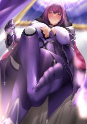 1girl absurdres armor blush bodysuit breasts cleavage cleavage_cutout clothing_cutout commission crossed_legs fate/grand_order fate_(series) feet femdom foot_focus from_below fur_collar hair_between_eyes highres kymp large_breasts legs long_hair looking_at_viewer parted_lips pauldrons pixiv_commission purple_bodysuit purple_hair red_eyes scathach_(fate) scathach_skadi_(fate) shoulder_armor smile soles tiara toes waist_cape