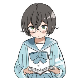 1girl alternate_hairstyle aqua_jacket black-framed_eyewear black_hair blue_ribbon blue_sailor_collar blue_skirt book cevio glasses green_eyes hair_between_eyes hanakuma_chifuyu highres holding holding_book jacket light_blush pleated_skirt ribbon sailor_collar semi-rimless_eyewear shirt shiyomifu short_hair skirt solo synthesizer_v white_background white_shirt