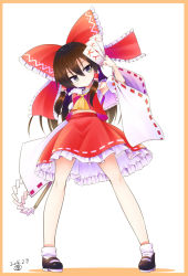 Rule 34 | 1girl, aozora market, ascot, bare shoulders, bow, brown eyes, brown hair, detached sleeves, female focus, gohei, hair bow, hair tubes, hakurei reimu, haraegushi, large bow, mary janes, ofuda, oonusa, sash, shoes, solo, touhou, wide sleeves