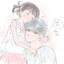 1boy 1girl brown_hair cousins damogjeogg7254 doujima_nanako grey_hair korean_text narukami_yu official_alternate_costume persona persona_4 short_twintails sleeping_together twintails