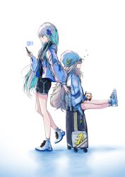 Rule 34 | 2girls, alternate costume, bag, bike shorts, black shirt, black shorts, blue hair, cellphone, chibi, closed eyes, closed mouth, e20 (79324944), flower, full body, g11 (girls&#039; frontline), girls&#039; frontline, green eyes, grey hair, hair flower, hair ornament, hairclip, hat, highres, hk416 (girls&#039; frontline), holding, holding bag, holding phone, jacket, long hair, long sleeves, looking down, m4 sopmod ii jr, multicolored hair, multiple girls, open clothes, open jacket, phone, shirt, shoes, shorts, simple background, sitting, smartphone, sneakers, socks, standing, tattoo, teardrop facial mark, teardrop tattoo, two-tone hair, white background, white hat, white jacket, white socks