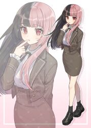 1girl :o absurdres arm_behind_back artist_name black_bow black_bowtie black_hair black_shoes black_socks blunt_bangs blush bow bowtie collared_shirt gradient_background hand_on_own_face highres jacket legs light_blush long_hair long_sleeves miyano_(user_nhea8337) open_mouth original pencil_skirt pink_background pink_hair red_eyes shirt shoes simple_background skirt socks suit_jacket thighs white_background white_shirt