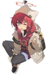 b_zhan_cm_yang black_pantyhose black_shirt blue_archive blue_eyes boots brown_boots cardigan corrupted_twitter_file hair_between_eyes long_hair maki_(blue_archive) maki_(camp)_(blue_archive) one_eye_closed pantyhose red_cardigan red_hair shirt short_shorts shorts simple_background v white_background white_shirt