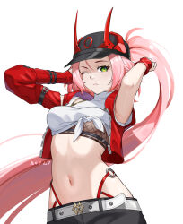 1girl absurdres armpits asymmetrical_sleeves baseball_cap belt black_hat black_shorts breasts crop_top darkhawkayin fishnet_top fishnets green_eyes hat highres honkai:_star_rail honkai_(series) horned_hat jacket long_hair looking_at_viewer medium_breasts midriff navel one_eye_closed pink_hair ponytail rappa_(honkai:_star_rail) red_arm_warmers red_jacket shirt shorts tied_shirt very_long_hair white_belt white_shirt wrist_belt