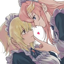 2girls alternate_costume blonde_hair blue_eyes blush cagalli_yula_athha closed_mouth commentary_request enmaided face-to-face finger_to_another&#039;s_mouth gundam gundam_seed hair_ornament heart lacus_clyne long_hair looking_at_another maid maid_headdress mi_(z0sogop) multiple_girls pink_hair short_hair simple_background smile white_background yellow_eyes yuri