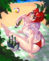 1girl 2021 alcohol arm_support artist_name ass ball beach beachball beer bikini bob_cut bottle breasts butt_crack closed_mouth commentary day elbow_rest english_commentary eyewear_on_head female_focus from_behind full_body head_tilt highres holding holding_bottle large_breasts light_smile looking_at_viewer macodace midriff ocean orange_eyes original outdoors palm_tree red-tinted_eyewear red_bikini red_lips red_nails see-through_clothes see-through_shirt shadow shirt shore short_hair sleeves_rolled_up solo swimsuit t-shirt thick_thighs thighs tied_shirt tinted_eyewear tomato tomei_(macodace) tree