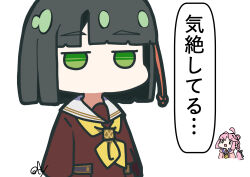 0_0 2girls absurdres ahoge anyoji_hime black_hair black_ribbon blunt_bangs blunt_ends bob_cut brown_dress chibi chibi_only cropped_torso dress green_eyes hair_ribbon hasu_no_sora_school_uniform highres hood hooded_jacket jacket jitome link!_like!_love_live! long_hair long_sleeves love_live! momose_ginko multi-tied_hair multiple_girls neckerchief no_mouth oofushi_ao open_clothes open_jacket open_mouth pink_hair pink_jacket ponytail rectangular_mouth ribbon sailor_collar sailor_dress school_uniform short_hair sidelocks solo_focus standing swept_bangs translation_request v-shaped_eyebrows very_long_hair virtual_youtuber white_sailor_collar winter_uniform yellow_neckerchief