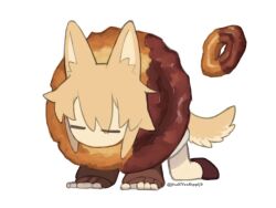 Rule 34 | 1girl, all fours, animal ears, blonde hair, brown shoes, brown sweater, choco fashion, chocolate-covered food, chocolate donut, closed eyes, deformed, dog ears, dog tail, donut, food, full body, kemonomimi mode, long sleeves, no mouth, old-fashioned donut, regurusu (nagarevosi), shoes, short hair, sidelocks, simple background, solo, sweater, tail, twitter username, urotsuki, white background, yume 2kki