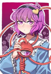 1girl blouse blue_shirt buttons closed_mouth eyeball female_focus floral_background frilled_shirt_collar frilled_sleeves frills gradient_background gradient_eyes hair_ornament hairband hanaarts hand_up heart heart_hair_ornament highres komeiji_satori long_sleeves looking_at_viewer multicolored_eyes pink_eyes pink_hair shirt short_hair simple_background solo third_eye touhou upper_body wide_sleeves