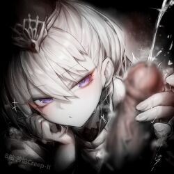 1boy 1girl artist_name blur_censor censored character_request chinese_commentary closed_mouth commentary_request cum ejaculation greyscale hair_between_eyes handjob hetero kupa_(jesterwii) monochrome paid_reward_available penis precum purple_eyes shadowverse spot_color tagme
