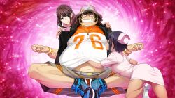 1boy 2girls belt belt_buckle black_hair black_vest blue_shoes boots brown_eyes brown_hair buckle butterfly_sitting clenched_teeth clothes_lift daitoku_junna dark-skinned_female dark_skin dress drooling ears_visible_through_hair fat fat_man floating fukuda_tomonori glasses grey_shorts grin hand_on_another&#039;s_stomach hand_under_clothes harem hashida_itaru hat high_heels highres hood hooded_vest hoodie light_particles looking_at_another lotus_position meditation medium_hair mouth_drool mudra multiple_girls navel non-web_source nurse nurse_cap official_art opaque_glasses orange_shirt orange_shorts pervert pink_dress purple_background robotics;notes saliva senomiya_akiho shirt shoelaces shoes short_hair shorts single_sidelock sitting sleeveless_vest smile sneakers striped_clothes striped_shirt striped_shorts t-shirt tan teeth thick_thighs thighs v-shaped_eyebrows vest white_belt white_boots white_shirt wristband