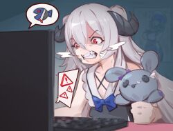 Rule 34 | 1girl, aiko (phase connect), bandage on face, bandages, bandaid, bandaid on face, black dress, black horns, chachironi3, computer, computer keyboard, dizzy dokuro, dress, h2osakana, highres, holding, holding stuffed toy, horns, long hair, phase connect, red eyes, solo, squeezing, stuffed animal, stuffed rabbit, stuffed toy, tearing up, teeth, twintails, upper body, virtual youtuber, white hair