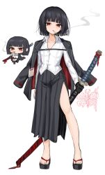 1girl black_gloves black_hair black_jacket black_sandals black_skirt buttons chibi chibi_inset cigarette collarbone collared_shirt empty_eyes full_body gloves highres holding holding_sword holding_weapon id_card jacket katana lapels limbus_company long_sleeves looking_at_viewer multiple_views open_clothes open_jacket pleated_skirt project_moon puffy_long_sleeves puffy_sleeves red_eyes red_jacket ro/ku ryoshu_(project_moon) sandals shirt short_hair simple_background skirt smoke smoking standing sword two-sided_fabric two-sided_jacket weapon white_background white_shirt