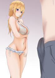 1boy 1girl absurdres ankurusu bikini blonde_hair blush breasts bulge charlotte_dunois commentary erection erection_under_clothes frilled_bikini frills gradient_background grey_male_swimwear highres infinite_stratos jewelry large_breasts looking_at_bulge male_swimwear navel necklace short_hair side-tie_bikini_bottom solo_focus stomach swim_trunks swimsuit thighs topless_male white_bikini