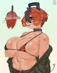 1girl 1other :3 bikini bra bread bread_slice breasts chainsaw chainsaw_man choker fangs food food_in_mouth green_jacket hair_between_eyes highres jacket jacket_partially_removed jam khentart large_breasts looking_to_the_side midriff mouth_hold multicolored_hair open_mouth orange_hair pochita_(chainsaw_man) short_hair simple_background spaghetti_strap swimsuit tail tail_wagging toast toast_in_mouth two-tone_hair underwear white_background