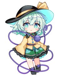 Rule 34 | 1girl, black hat, black shoes, blush stickers, chibi, chibi only, closed mouth, collared shirt, commentary request, contrast collar, double-parted bangs, frilled shirt collar, frills, full body, green eyes, green skirt, grey hair, hat, hat ribbon, heart, heart of string, highres, komeiji koishi, long sleeves, looking at viewer, ribbon, sarasadou dan, shirt, shoes, simple background, skirt, sleeves past fingers, sleeves past wrists, smile, solo, third eye, touhou, white background, wide sleeves, yellow ribbon, yellow shirt