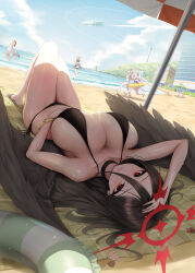 6+girls ahoge aircraft azusa_(blue_archive) azusa_(swimsuit)_(blue_archive) bare_shoulders beach beach_umbrella bikini black_bikini black_hair black_wings blue_archive blush breasts choker cleavage collarbone dirigible feathered_wings frilled_bikini frills grey_hair hair_between_eyes halo hanako_(blue_archive) hanako_(swimsuit)_(blue_archive) hasumi_(blue_archive) hifumi_(blue_archive) hifumi_(swimsuit)_(blue_archive) highres huge_breasts koharu_(blue_archive) koharu_(swimsuit)_(blue_archive) long_hair long_hair_between_eyes looking_at_viewer low_wings lying mashiro_(blue_archive) mole mole_under_eye multiple_girls panzaa partially_submerged pink_bikini pink_hair pink_halo purple_bikini red_eyes red_halo sandals short_hair side-tie_bikini_bottom small_breasts smile swimsuit twintails umbrella very_long_hair white_bikini white_wings wings yellow_halo