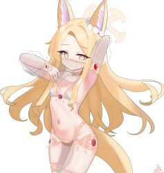 1girl absurdres animal_ears armpits bikini blonde_hair blue_archive breasts closed_mouth harem_outfit highres long_hair looking_at_viewer mouth_veil navel presenting_armpit priquetrum seia_(blue_archive) small_breasts solo stomach swimsuit tail veil white_background yellow_eyes