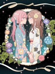 2girls artist_request bang_dream! bang_dream!_it&#039;s_mygo!!!!! blue_choker blue_eyes blue_kimono blush brown_hair chihaya_anon choker closed_mouth commission eye_contact floral_print grey_eyes half_updo holding_hands japanese_clothes kimono long_hair looking_at_another multiple_girls nagasaki_soyo obi pink_hair sash second-party_source sidelocks sparkle white_kimono yuri