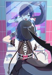 1girl 2kasa_(2_kasame) apron arm_support bathroom black_dress black_hair clothing_cutout coffee_mug commentary cowboy_shot cross-laced_clothes cross-laced_cutout cup dress ellen_joe fins fish_tail frilled_straps frilled_wrist_cuffs frills from_behind highres looking_at_reflection mirror mouth_pull mug red_eyes reflection shark_girl shark_tail sharp_teeth sidelighting sink solo tail tail_through_clothes teeth unworn_maid_headdress white_apron wrist_cuffs zenless_zone_zero