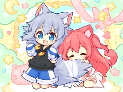 2girls absurdres aikei_ake animal_ears bandaged_tail bell biting_another&#039;s_tail black_hoodie blue_eyes blue_shorts blue_socks blush bow boxing_gloves cat_ears cat_girl cat_tail chibi commission crescent drawstring fang grey_hair hair_between_eyes highres hood hood_down hoodie jingle_bell long_hair multiple_girls no_shoes open_mouth original pink_bow pink_hair pleated_skirt second-party_source short_sleeves shorts skeb_commission skirt small_sweatdrop socks star_(symbol) surprised sweat tail toeless_legwear two_side_up very_long_hair white_skirt white_socks wolf_ears wolf_girl wolf_tail