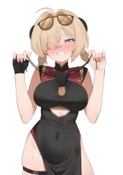 1girl black_panties blonde_hair blush china_dress chinese_clothes clothing_cutout dress eyewear_on_head fingerless_gloves flasso gloves half-closed_eyes highres holding holding_panties holding_underwear holding_unworn_clothes looking_at_viewer panties presenting_removed_panties simple_background single_fingerless_glove solo sweety_(zenless_zone_zero) tinted_eyewear underboob_cutout underwear white_background yellow-tinted_eyewear zenless_zone_zero