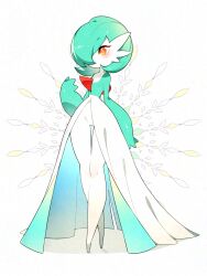 1girl adversarial_noise arm_at_side blush bob_cut closed_mouth collarbone colored_skin crossed_legs female_focus flat_chest full_body gardevoir gen_3_pokemon green_hair green_skin hair_over_one_eye hand_up highres legs looking_afar multicolored_skin narrow_waist nintendo no_feet one_eye_covered orange_eyes pokemon pokemon_(creature) short_hair solo standing thigh_gap thighs toconikky two-tone_skin watson_cross white_background white_skin