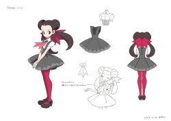 00s 1girl 2013 2024_pokemon_teraleak animal_focus breasts brown_eyes brown_hair concept_art dated dress full_body highres low_twintails multiple_views nintendo official_art pokemon pokemon_oras production_art reference_sheet roxanne_(pokemon) scan smile translation_request turnaround twintails white_background