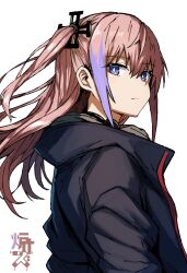 1girl black_jacket blue_eyes bright_pupils closed_mouth girls&#039;_frontline hashtag-only_commentary highres jacket looking_at_viewer multicolored_hair one_side_up pink_hair purple_hair r_scrubed simple_background solo st_ar-15_(girls&#039;_frontline) streaked_hair two-tone_hair upper_body white_background white_pupils