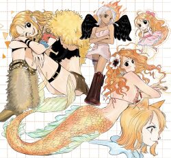 1boy 1girl aged_down alternate_costume alternate_form angel_wings animal_ear_fluff animal_ears back bare_shoulders beads bikini bikini_top_only black_wings blue_shorts blush blush_stickers boots bow braid braided_sidelock breasts brown_skirt capelet cat_ears cat_girl cat_nose checkered_background choker coin collarbone commentary crop_top crossed_arms dark-skinned_female dark_skin dimples_of_venus dress earrings feathered_wings fire flower frilled_bikini frills from_behind from_side full_body fur-trimmed_capelet fur_trim giant giantess hair_bow hair_flower hair_ornament hands_on_own_cheeks hands_on_own_face hat head_rest high_heel_boots high_heels highres holding holding_coin jewelry knees_up large_breasts leg_warmers long_hair looking_at_another looking_at_viewer lying mermaid midriff mini_person minigirl monkey_d._luffy monster_girl multiple_views nami_(one_piece) nami_(one_piece)_(elbaf) necklace official_alternate_costume on_person on_stomach one_eye_closed one_piece open_mouth orange_hair orange_scales pearl_earrings pink_bow pink_dress pointy_nose profile red_shirt seraphim_(one_piece) shirt short_hair shorts shoulder_tattoo sitting size_difference skirt sktkah_7326 smile spaghetti_strap standing straw_hat swimsuit symbol-only_commentary tattoo thigh_strap tongue tongue_out wavy_hair white_hair wings yellow_capelet