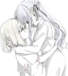 2girls arm_around_neck bang_dream! bang_dream!_it&#039;s_mygo!!!!! black_ribbon blonde_hair bob_cut braid breasts ccc_cloudy closed_mouth commentary_request couple expressionless face-to-face hair_ribbon hand_on_another&#039;s_back highres hug light_blush limited_palette long_hair long_sidelocks looking_at_another medium_breasts misumi_uika multiple_girls parted_lips ribbon shaded_face shirt short_hair short_sleeves sidelocks simple_background t-shirt togawa_sakiko variant_set white_background yuri