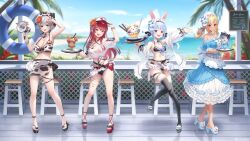 4girls :d absurdres animal_ears animal_print apron arm_up armpits artist_request bare_shoulders beach bell belt bikini bikini_skirt black_belt black_bikini black_shoes blonde_hair blue_dress blue_hair blue_shoes blue_sky blurry blurry_background bracelet breasts center_frills cleavage cloud commentary_request contrapposto cow_print cow_print_bikini cowbell criss-cross_halter day detached_collar dokuro-kun_(houshou_marine) double-parted_bangs dress elf english_text extra_ears flower frilled_apron frilled_bikini frilled_dress frills full_body green_eyes grey_hair hair_between_eyes hair_bun hair_flower hair_ornament halterneck hand_up heterochromia high_heels highres holding holding_megaphone holding_tray hololive hololive_fantasy holonatsu_paradise horizon houshou_marine houshou_marine_(holonatsu_paradise) jewelry large_breasts layered_dress long_hair looking_at_viewer maid maid_bikini maid_headdress medium_hair megaphone miniskirt mismatched_bikini multi-strapped_bikini_bottom multi-strapped_bikini_top multicolored_hair multiple_girls navel neck_bell off-shoulder_dress off_shoulder official_alternate_costume official_alternate_hair_length official_alternate_hairstyle official_art open_mouth orange_eyes outdoors outstretched_arm platform_heels pointy_ears print_bikini rabbit-shaped_pupils rabbit_ears rabbit_girl red_bikini red_eyes red_hair red_shoes second-party_source shiranui_flare shiranui_flare_(holonatsu_paradise) shirogane_noel shirogane_noel_(holonatsu_paradise) shirt shoes short_hair single_hair_bun skirt sky small_breasts smile standing stomach streaked_hair swimsuit symbol-shaped_pupils t-shirt tied_shirt tray twintails two-tone_hair unconventional_maid usada_pekora usada_pekora_(holonatsu_paradise) virtual_youtuber visor_cap waist_apron white_apron white_hair white_shirt yellow_eyes