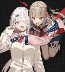 2girls armband black_background black_ribbon blue_sailor_collar blue_skirt blunt_bangs blush brown_hair cardigan collared_shirt flying hair_ornament hair_over_one_eye hair_ribbon hairclip hand_up highres hug hug_from_behind isshiki_(ffmania7) jacket long_hair looking_at_viewer makaino_ririmu makaino_ririmu_(4th_costume) multiple_girls neckerchief nijisanji open_mouth pink_eyes pink_jacket red_eyes red_neckerchief ribbon sailor_collar school_uniform serafuku shiina_yuika shiina_yuika_(1st_costume) shirt simple_background skirt smile two_side_up virtual_youtuber white_armband white_cardigan white_shirt wings