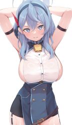 1girl ako_(blue_archive) arm_strap armpits arms_behind_head arms_up bare_shoulders bell black_hairband blue_archive blue_choker blue_dress blue_eyes blue_hair breasts buttons choker clenched_teeth commentary_request cowbell cowboy_shot dress framed_breasts frown garter_straps hairband halo heartsix highres large_breasts long_hair looking_at_viewer revision shirt short_dress sideboob simple_background single_garter_strap sleeveless sleeveless_dress sleeveless_shirt solo standing sweat teeth v-shaped_eyebrows wet wet_clothes wet_shirt white_background white_shirt