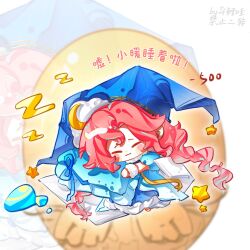 Rule 34 | 1girl, ^ ^, absurdly long hair, barefoot, blue choker, blue dress, blue hat, blue pajamas, blush stickers, braid, celestial whispers (infinity nikki), chibi, chinese commentary, chinese text, choker, closed eyes, closed mouth, cloud hair ornament, commentary request, crescent, crescent hair ornament, dress, egg, food-themed creature, frilled choker, frilled dress, frills, fur wrist cuffs, hair between eyes, hair ornament, happy, hat, hat ornament, highres, hugging object, infinity nikki, long dress, long hair, low twin braids, nightcap, nightgown, nikki (nikki), nikki (series), outline, pajamas, pillow, pink hair, puffy short sleeves, puffy sleeves, short sleeves, sleeping, smile, star (symbol), star hat ornament, translation request, twin braids, very long hair, white background, white outline, white wrist cuffs, wrist cuffs, yiliwa, zoom layer, zzz