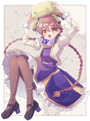 Rule 34 | 1girl, :d, absurdres, anklet, apocalypse hotel, arms up, black shoes, braid, brown eyes, brown hair, brown pantyhose, cropped jacket, dress, flycatcher robot, full body, highres, humanoid robot, jewelry, juliet sleeves, long hair, long sleeves, looking at viewer, non-humanoid robot, open mouth, pantyhose, puffy sleeves, purple dress, purple scarf, robot, scarf, shoes, smile, twin braids, twintails, ww333v, yachiyo (apocalypse hotel)