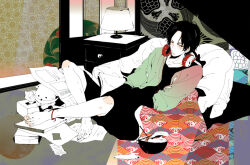 1boy black_hair black_shirt bowl bracelet closed_mouth commentary facial_hair freckles headphones headphones_around_neck indoors jacket jewelry male_focus mustache one_piece pale_skin paper portgas_d._ace q_(chuzy) red_eyes shirt sitting solo