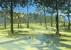 blue_sky day field forest grass grasslands highres nature no_humans original outdoors painting_(medium) scenery sky slow_d sunlight traditional_media tree tree_shade