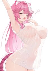 1girl animal_ears armpits blush breasts covered_erect_nipples covered_navel hair_intakes highres hololive hololive_english kei_(keiillustrator) large_breasts long_hair multicolored_hair nipples one_eye_closed open_mouth panther_ears panther_girl panther_tail pink_hair raora_panthera see-through_clothes see-through_shirt see-through_silhouette shirt short_sleeves simple_background solo streaked_hair stretching tail thighs twitter_username two-tone_hair virtual_youtuber white_background white_hair white_shirt yellow_eyes