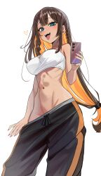 1girl absurdres bare_shoulders black_pants blonde_hair blue_eyes blush braid breasts brown_hair cellphone colored_inner_hair commentary cowboy_shot dark_skin english_commentary from_below heart highres holding holding_phone kiritzugu large_breasts long_hair looking_at_viewer midriff multicolored_hair navel no_panties open_mouth original pants phone smartphone solo strapless sweat sweatpants teasing toned tongue tongue_out tube_top two-tone_hair undressing very_long_hair white_background white_tube_top