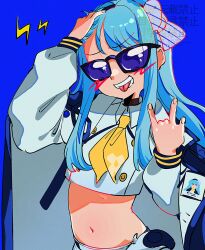 1girl \n/ bibie307 black_jacket blue_background blue_hair bow buttons collared_shirt cropped_shirt double-breasted drawn_blush goddess_of_victory:_nikke gun hair_bow hairband hand_in_own_hair handgun highres id_card jacket jacket_on_shoulders lightning_bolt_symbol long_hair long_sleeves navel necktie shirt shorts sky_(nikke) standing sunglasses teeth tongue tongue_out two-sided_fabric two-sided_jacket upper_body weapon white_bow white_jacket white_shirt yellow_necktie