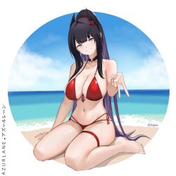 Rule 34 | 1girl, absurdres, azur lane, bare shoulders, beach, bikini, black hair, blue sky, blush, breasts, chieftain art13, choker, cleavage, cloud, commentary request, commission, copyright name, day, front-tie bikini top, front-tie top, gyaru v, head tilt, highres, large breasts, multicolored hair, ocean, outdoors, pixiv commission, ponytail, purple eyes, purple hair, red bikini, side-tie bikini bottom, sky, smile, solo, strasbourg (azur lane), swimsuit, thigh strap, thighs, two-tone hair, v